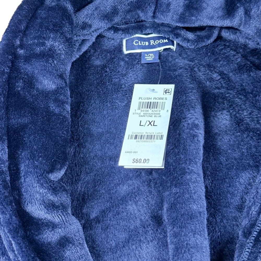 Club Room Robe Men's Navy Blue Fleece Plush Shawl Collar Size L/XL Small Medium - Picture 6 of 8